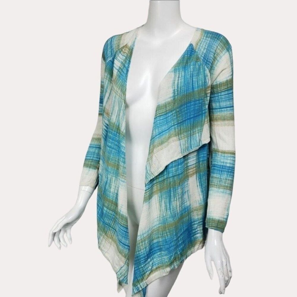Sparrow Anthropologie Split Back Plaid Open Front Knit Cardigan Blue M bv